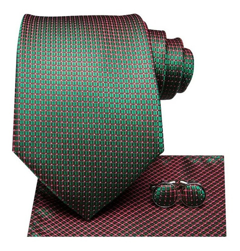B3268 | Corbata Pañuelo Mancuernillas | Verde Rojo Seda