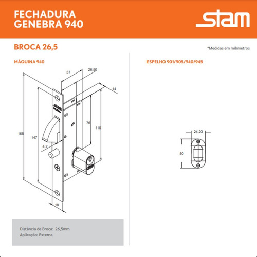 Fechadura Bico Papagaio Porta De Correr 940 Inox Stam 37mm Inox Polido