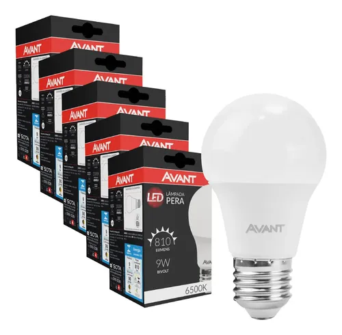 Kit 5 Lâmpadas LED Avant Bulbo Pera 9W Luz Branco-Frio 6500K