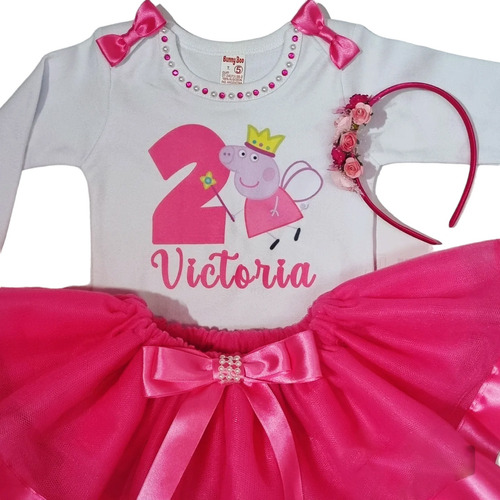 Remera O Body +tutu Personalizado +vinch. Pepa Pig.disfraz. 