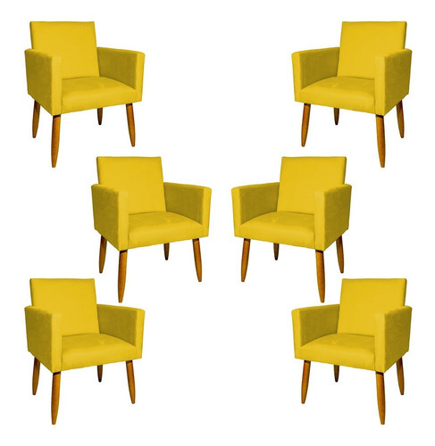 Kit 6 Poltronas Decorativas Para Sala Cadeira Pé Castanho Cor Amarelo Desenho do tecido Suede