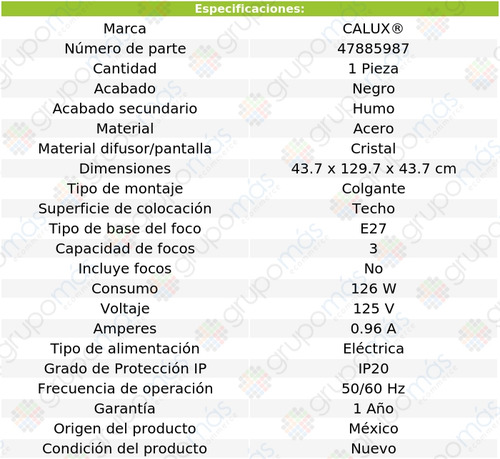 Lámpara Colgante 3 Luces E27 126w Acabado Negro / Humo Calux