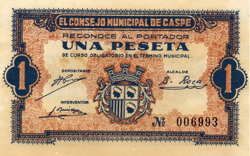 Espana  Una Peseta 1937 Consejo Municipal De Caspe