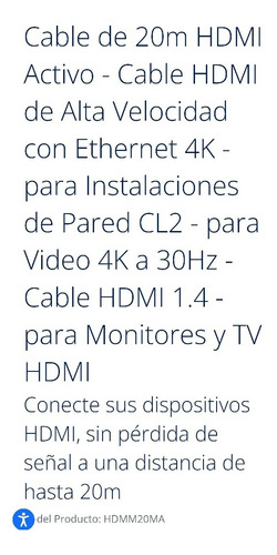 Cable Hdmi Startech 20 M Uso Profesional Conectores De Oro