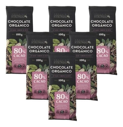 Chocolate Organico Amargo Sin Tacc 80% Cacao Colonial X 6