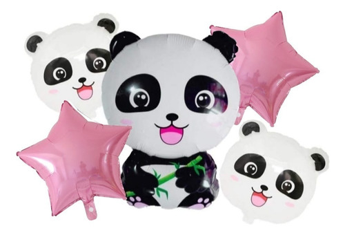 3 Globos Oso Panda + 2 Estrellas Color Rosa