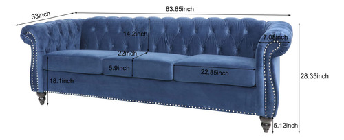 Sofá Chesterfield Moderno De Terciopelo 3 Plazas Azul Madera Diseño De La Tela