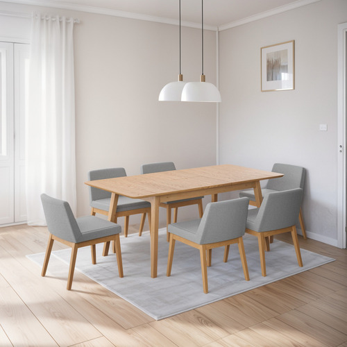 Juego De Comedor Extensible Milan De Madera Con 6 Sillas Diseño de la tela de las sillas Gris Claro - Roble