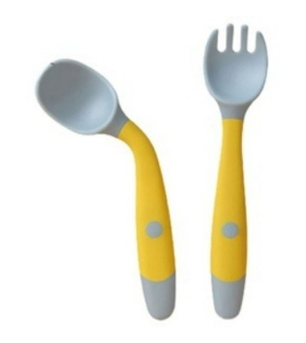 Set Cuchara Y Tenedor Silicona Flexible Para Bebe Amarillo