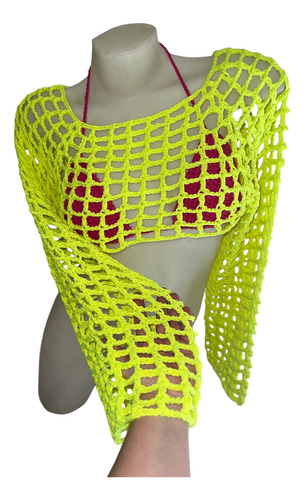 Crop Top Con Manga Larga Crochet Manguitas Hilo Verano
