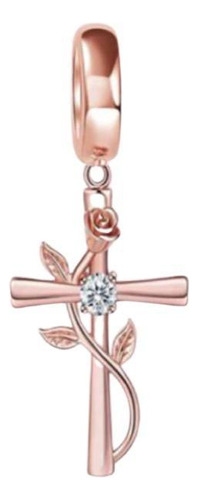 Berloque Crucifixo Rosé Com Flor Pulseira Jóia Prata 925