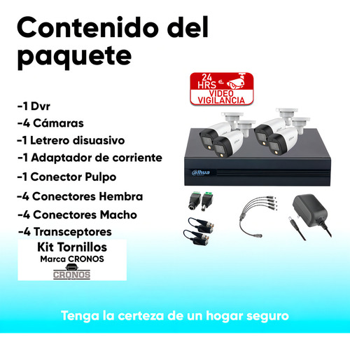 Kit Videovigilancia Cronos 4 Cámaras Dahua Bala Hfw1239cn-a Con Audio Fullcolor 2mp + Baluns + Accesorios - Kit Cctv Fullcolorkit-a-4csc (dvr Dahua Xvr1b04-i Circuito Cerrado)
