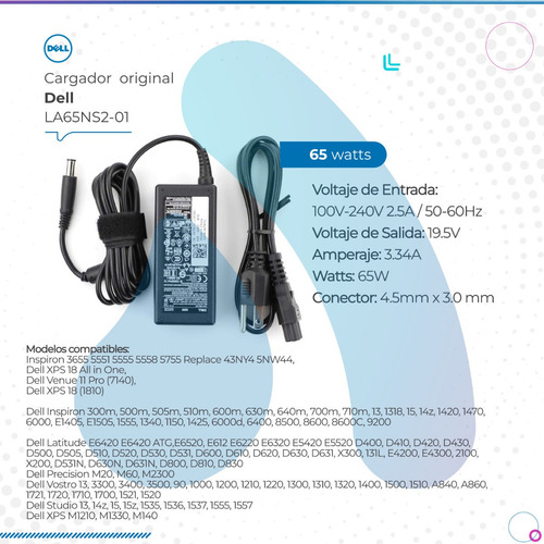Imagen 2 de 7 de Cargador Dell Original 65w 19.5v 3.34a 4.5* 3.0mm La65ns2-01
