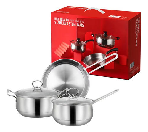 Jogo Panelas Inox 3 Pçs - Antiaderente, Indução E Fogão Cor Prateado
