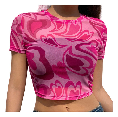 Top Camiseta Corta De Malla Estampado Corazon Crop Top Mujer