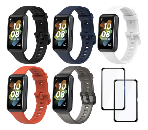 5 Correa Silicona Compatible Con Huawei Band 7 + 2 Micas 3d