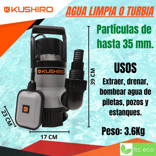 Imagen 2 de 10 de Bomba De Agua Sumergible 1 Hp Gs750 Kushiro Desagote Sucia
