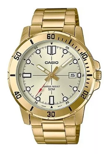 Reloj pulsera Casio Dress MTP-VD01 de cuerpo color dorado, analógico, para hombre, fondo beige, con correa de acero color dorado, agujas color dorado, blanco y rojo, dial blanco y negro, minutero/segundero