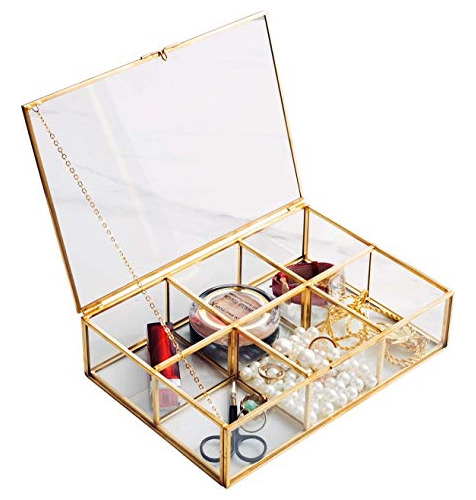 Golden Vintage Glass Box Clear Glass &amp; Brass Metal ...
