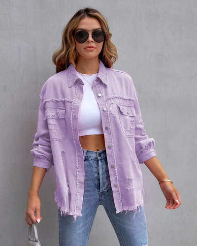 Chaqueta Oversize De Jeans Rasgada Y Gastada Para Mujer
