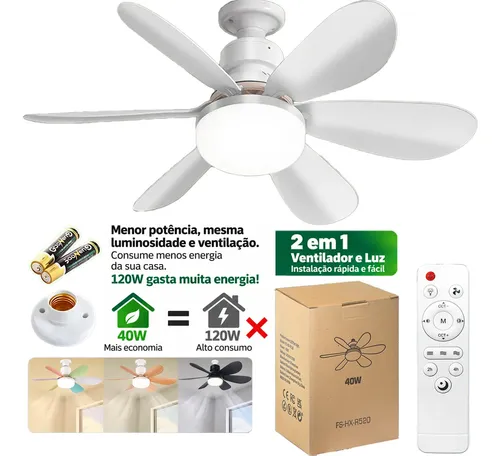 52cm Ventilador De Teto Led Com Luz, Soquete Grátis Incluso 52 Cm 50hz/60hz Branco 85v-250v Plástico 6