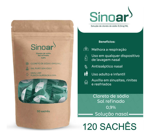 Kit de 120 sobres de solución nasal Sinoar de sal pura refinada, color marrón claro, de 2,5 g