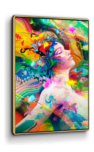 Cuadro Canvas Mujer Flores Mariposas C/ Marco Flot. 80x50 Cm
