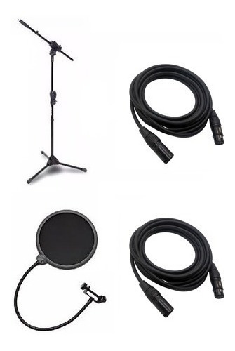 Kit Pedestal + Pop Filter + 2 Cabo Xlr 5 Metros Microfone