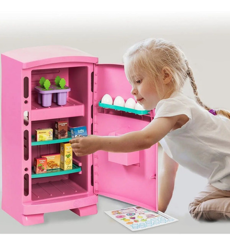 Imagem 7 de 7 de Geladeira De Brinquedo Infantil Grande - Rosa + Acessórios