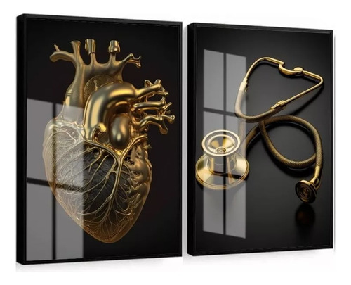 Kit 2 Quadros Decorativos Medicina Coração Consultório Vidro