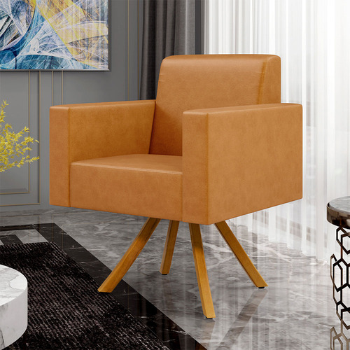 Kit 03 Poltronas Decorativa Base Giratória de Madeira Helô L02 Couríssimo Whisky