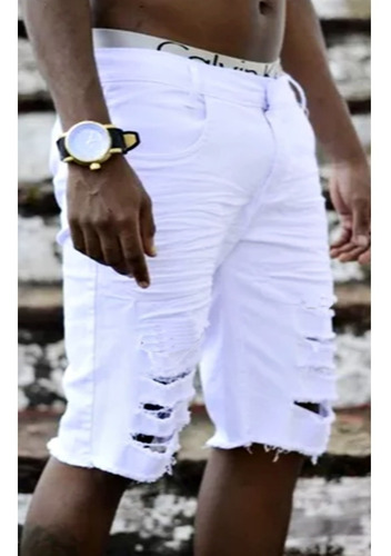 bermuda branca jeans masculina rasgado