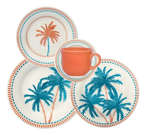 Aparelho De Jantar 30 Peças Biona Donna Caribe Cerâmica Branco Laranja E Azul