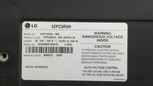 Plasma LG 42 Pulgadas, Para Reparar O Para Repuestos (Usado)