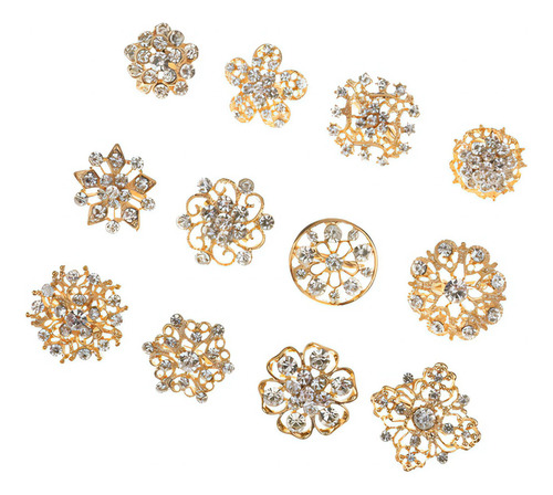 12 broches dorados con forma de flor con diamantes de imitación