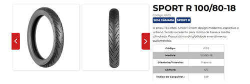 Pneu Traseiro Ybr Factor Fazer150 100/80-18 Sport R S/camara