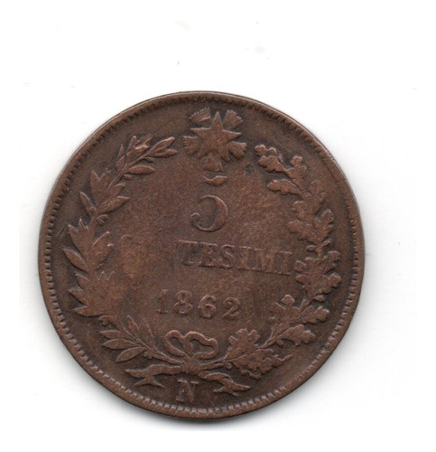 Italia Reino Moneda 5 Centesimi 1862 N Vittorio Em Ii Km#3.3