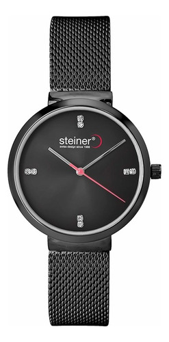 Reloj Análogo Para Dama 36 Mm Steiner Acero Inox 3atm Correa Negro Bisel Negro Fondo Negro