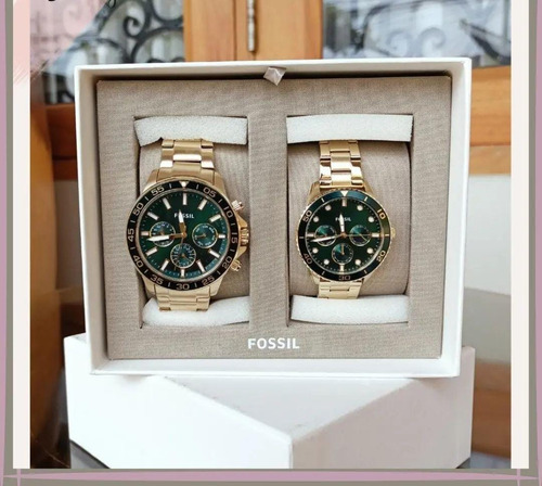 Reloj Parejas Fossil Bq2754set Correa Dorado Bisel Verde Musgo Fondo Verde Musgo