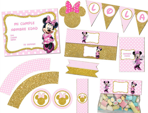 Kit Imprimible Minnie Rosa Y Dorado Solo Textos Editables!