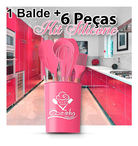 Imagem 3 de 6 de Kit Utensílios De Silicones 7pçs Rosa Utensilios De Cozinha