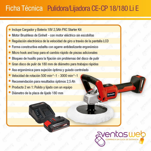 Imagen 6 de 7 de Lustradora Inalambrica Pulidora Einhell Carg Bateria 2,5 Amp