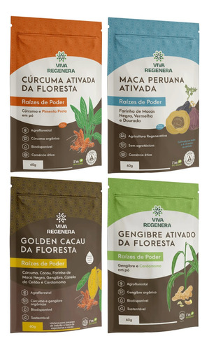 Kit 4 Gengibre Golden Cacau Cúrcuma C/ Pimenta Maca Peruana