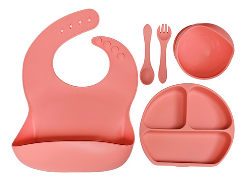 Set Vajilla Silicona Para Bebés Platos Babero Cubiertos Rosa