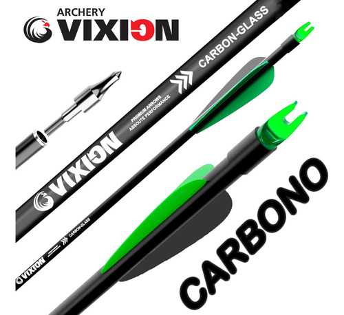 6 Flechas Carbono Arco Nature 30 + 6 Pontas Caça B13 Vixion Cor Verde