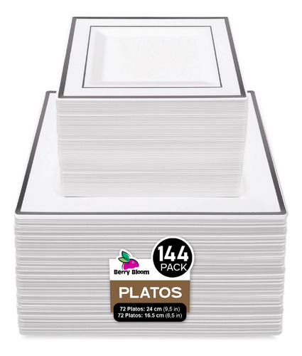 144 Platos Desechables Cuadrados Elegantes, Plástico, Fiesta