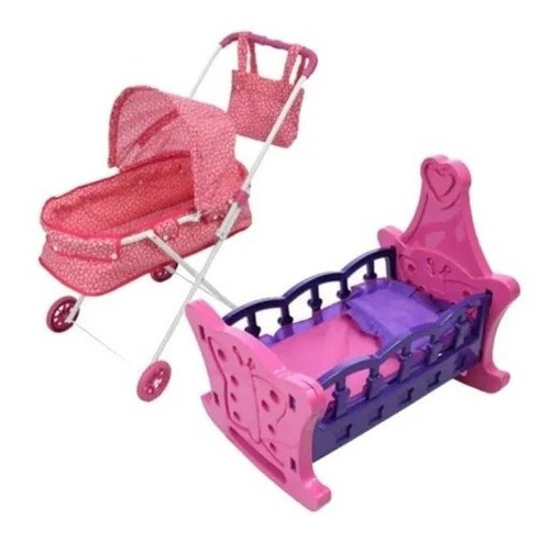 Set Coche Para Muñeca + Cuna Juguete Moises Niña Combo 