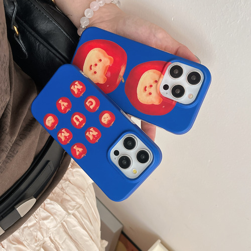 Funda De Teléfono Coreana Ins Klein Azul Con Estampado De Oso De Manzana, Encantadora Y Moderna Para iPhone 16, 15, 14, 13 Pro Max, Funda Trasera C