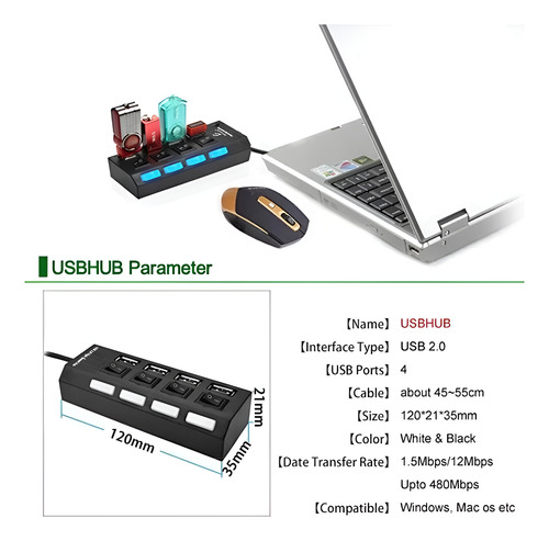 Hub Usb 4 Puertos Con Switch Pc Laptop Usb 2.0 Rapidez