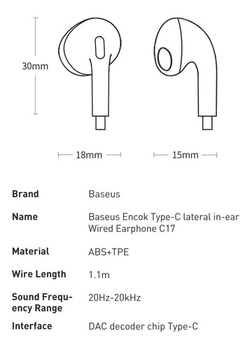 Imagem 6 de 7 de Fone De Ouvido Baseus Usb Tipo C Encok C17 Intra-auricular